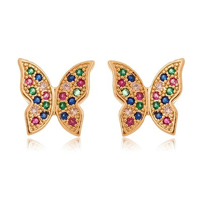 BRINCO BORBOLETA FOLHEADO A OURO 18K COM PEDRAS COLORIDAS