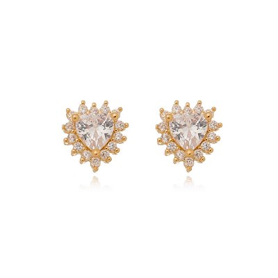 Brinco coração com zircônia folheado a ouro 18k