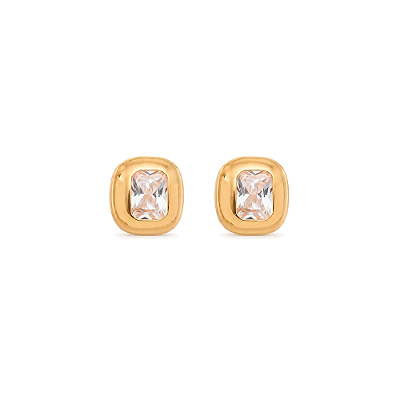 Brinco quadrado pedra branca folheado a ouro 18k