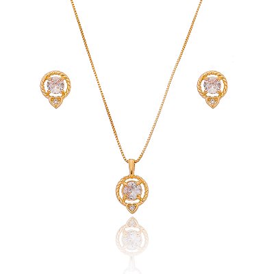Conjunto redondo com zircônias folheado a ouro 18k