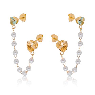 BRINCO DUPLO FURO PÉROLAS E CORAÇÃO FOLHEADO OURO 18K