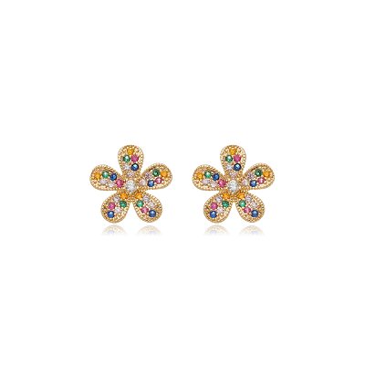 BRINCO DE FLOR CRAVEJADO COM ZIRCÔNIAS COLORIDAS FOLHEADO OURO 18K