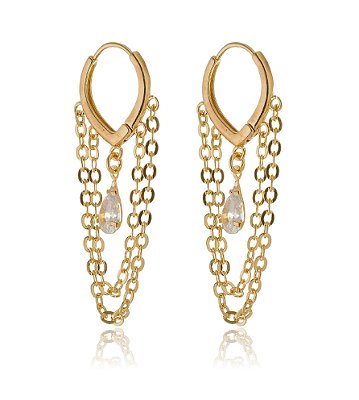 ARGOLA COM ZIRCÔNIAS GOTA SUSPENSAS POR ELOS FOLHEADA OURO 18K