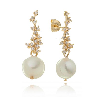 BRINCO DE PÉROLA DETALHES CRAVEJADOS COM ZIRCÔNIAS FOLHEADO OURO 18K