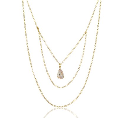 GARGANTILHA CORRENTE EM CAMADAS COM ZIRCÔNIA EM GOTA FOLHEADA OURO 18K