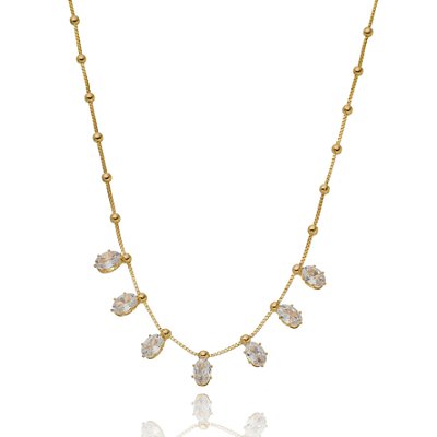 GARGANTILHA SEIS ZIRCÔNIAS VANETE CORRENTE DETALHADA COM BOLINHAS FOLHEADO OURO 18K