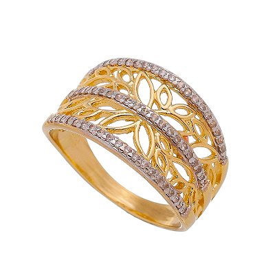 ANEL LARGO DETALHES EM PÉTALAS COM TRÊS TIRAS CRAVEJADAS EM ZIRCÔNIAS FOLHEADO OURO 18K