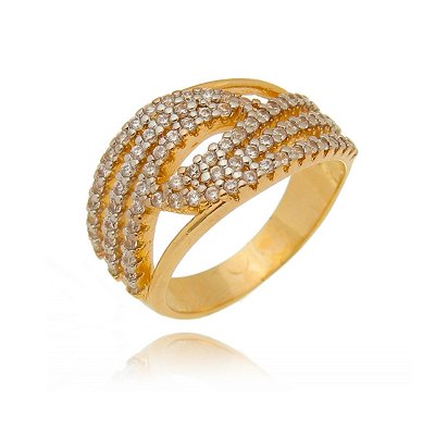 ANEL LARGO LINHAS EM ONDAS CRAVEJADO COM ZIRCÔNIAS FOLHEADO OURO 18K
