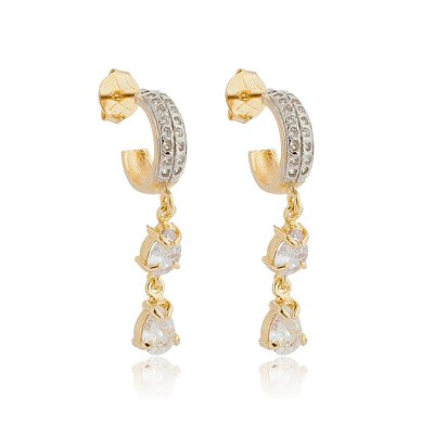 ARGOLA DUAS ZIRCÔNIAS GOTA FOLHEADA OURO 18K