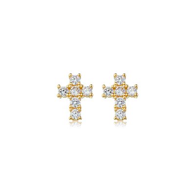 Brinco cruz com zircônias folheado a ouro 18k