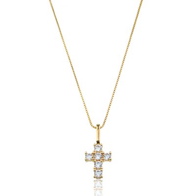 GARGANTILHA CRUZ PEQUENA CRAVEJADA COM ZIRCÔNIAS FOLHEADA OURO 18K