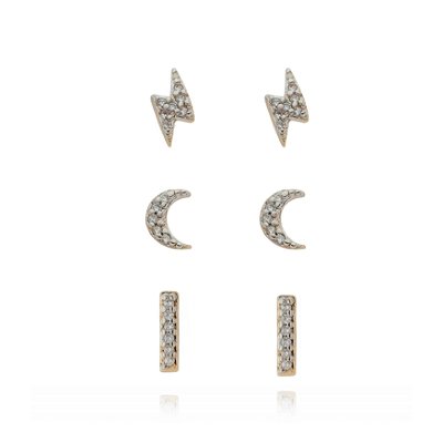 BRINCO INFANTIL TRIO BARRINHA, RAIO E LUA COM ZIRCÔNIA FOLHEADO OURO 18K