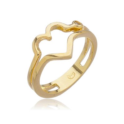 ANEL DUAS LINHAS CORAÇÃO FOLHEADO OURO 18K
