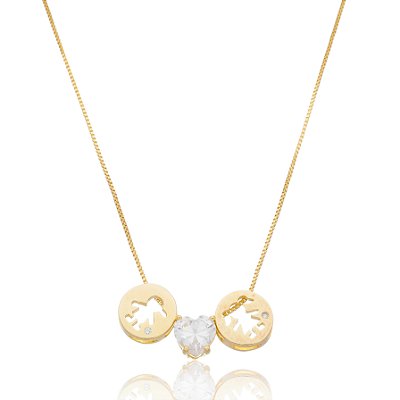 GARGANTILHA MEDALHA FILHO E FILHA COM ZIRCÔNIA EM CORAÇÃO FOLHEADA OURO 18K