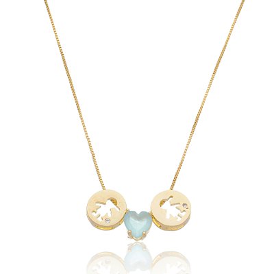 GARGANTILHA MEDALHA FILHOS COM ZIRCÔNIA DE CORAÇÃO FOLHEADO OURO 18K