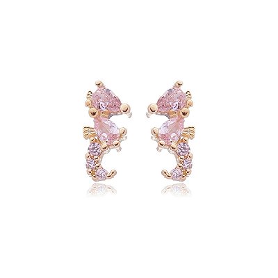 BRINCO CAVALO MARINHO INFANTIL DE ZIRCÔNIAS ROSAS FOLHEADO OURO 18K