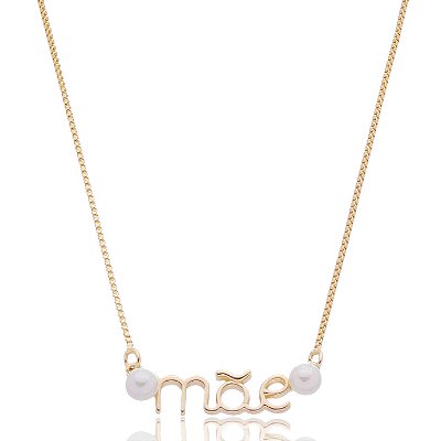 GARGANTILHA NOME MÃE COM PÉROLAS NA EXTREMIDADES FOLHEADA OURO 18K