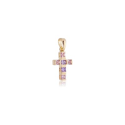 PINGENTE CRUZ CRAVEJADA COM ZIRCÔNIAS LILÁS FOLHEADA OURO 18K