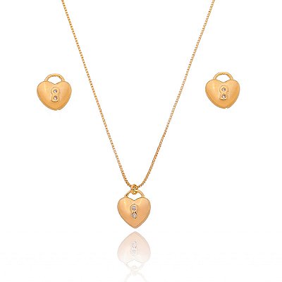 CONJUNTO CORAÇÃO CADEADO FOLHEADO A OURO 18K