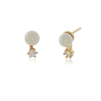 Brinco pérola sintética com zircônia folheado a ouro 18k