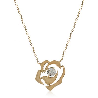 GARGANTILHA ROSA GRANDE COM ZIRCONIA NO MEIOFOLHEADO A OURO 18K