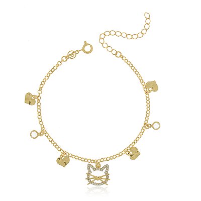 PULSEIRA GATINHO CRAVEJADO COM ZIRCONIAS FOLHEADO A OURO 18K 18cm
