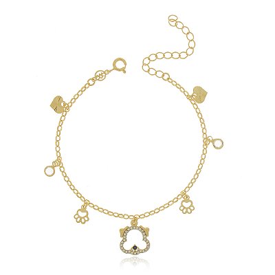 PULSEIRA CACHORRINHO CRAVEJADO COM ZIRCONIAS FOLHEADO A OURO 18K 17cm