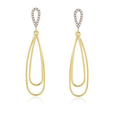 BRINCO GOTA DUPLO GRANDE COM ZIRCONIAS FOLHEADO A OURO 18K