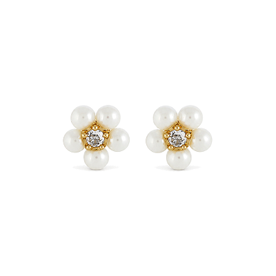 Brinco flor pérola e zircônia folheado a ouro 18k
