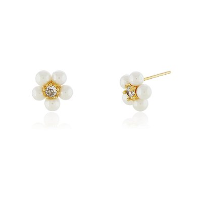 BRINCO FLOR PEROLAS E ZIRCONIA FOLHEADO A OURO 18K