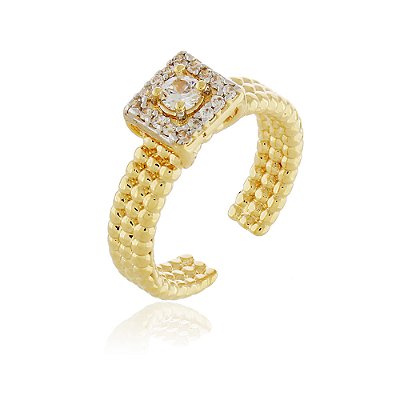 ANEL QUADRADO TRABALHADO COM ZIRCONIA REGULAVEL FOLHEADO A OURO 18K