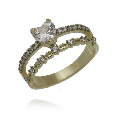 Anel duplo coração com zircônia folheado a ouro 18k