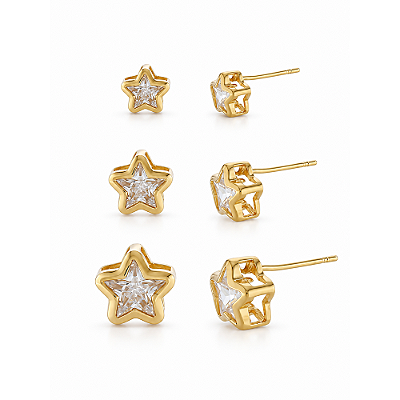 Trio de brincos com zircônias folheado a ouro 18k