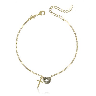 PULSEIRA FOLHEADA A OURO 18K CRUZ E CORAÇÃO COM ZIRCÔNIAS