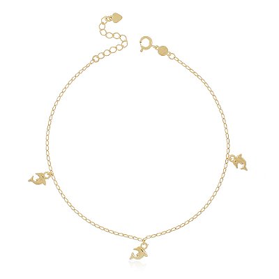 TORNOZELEIRA FOLHEDA A OURO 18K COM GOLFINHOS 24cm