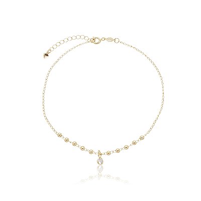 TORNOZELEIRA FOLHEADA A OURO 18K BOLINHAS COM CRISTAL 25cm