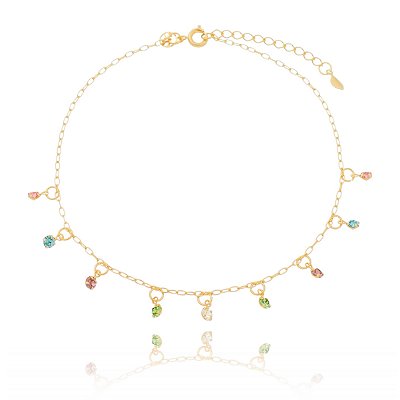 TORNOZELEIRA FOLHEADA A OURO 18K COM CRISTAIS COLORIDOS 22cm