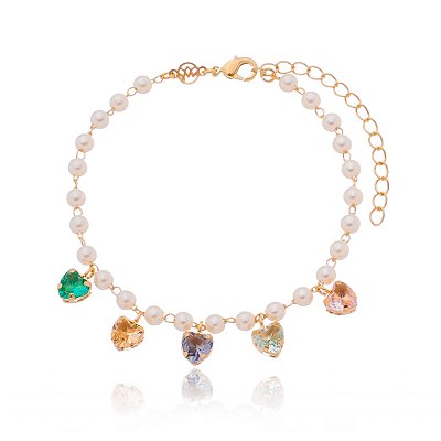 PULSEIRA PÉROLA COM CORAÇÕES COLORIDOS FOLHEADA A OURO 18K 19cm