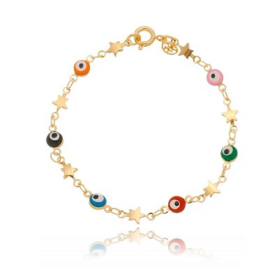 PULSEIRA INFANTIL OLHOS GREGOS COLORIDOS COM ESTRELAS LISAS FOLHEADA A OURO 18K 15cm