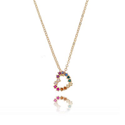 GARGANTILHA CORAÇÃO COM ZIRCÔNIAS COLORIDAS FOLHEADA A OURO 18K