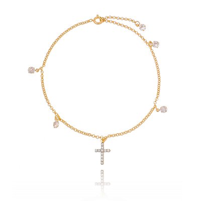 TORNOZELEIRA CRUZ E PONTO DE LUZ ZIRCÔNIAS FOLHEADA A OURO 18K