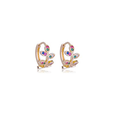 ARGOLA FOLHAS COM ZIRCÔNIAS COLORIDAS FOLHEADA A OURO 18K