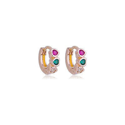ARGOLA PEQUENA CRAVEJADA COM ZIRCÔNIAS COLORIDAS FOLHEADA A OURO 18K
