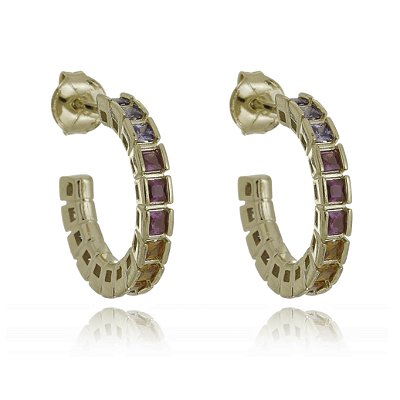 ARGOLA CRAVEJADA COM ZIRCÔNIAS COLORIDAS FOLHEADA A OURO 18K