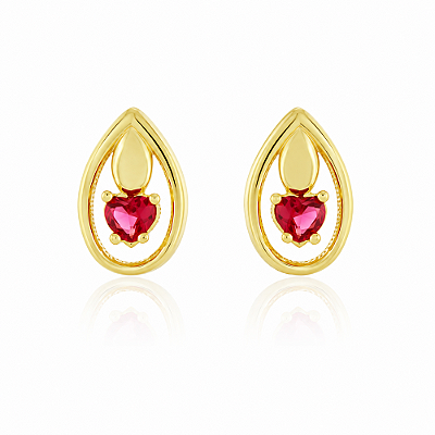 Brinco Gota Vazada com vidro lapidado rosa folheado a ouro 18k