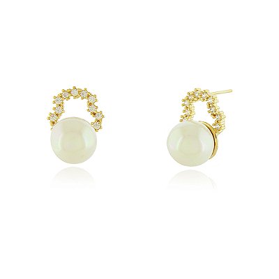 Brinco pérola com zircônias folheado a ouro 18k