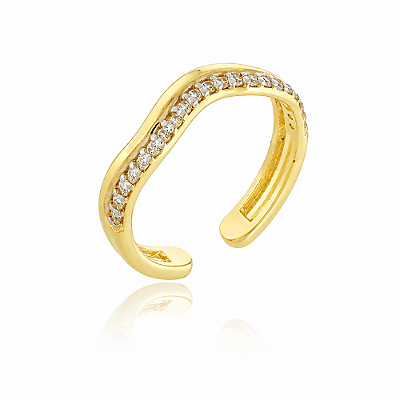 Anel curvado aberto com zircônias folheado a ouro 18k