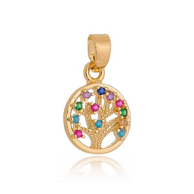 Pingente árvore da vida com zircônias coloridas folheado a ouro 18k