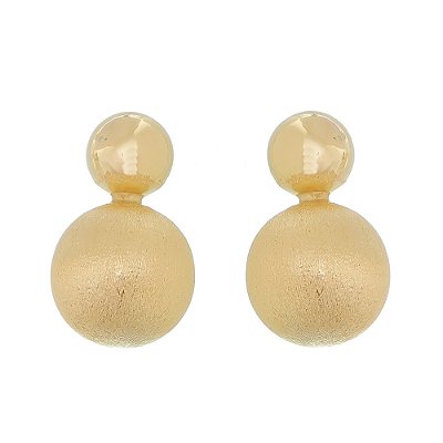 Brinco bola dupla lisa e fosca folheado a ouro 8k