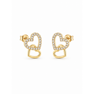 Brinco 2 corações com zircônias folheado a ouro 18k